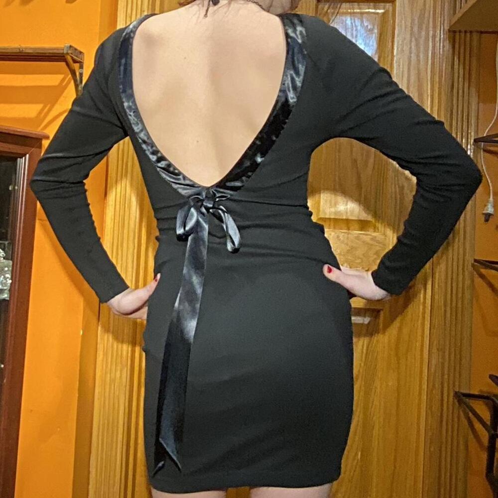 Low v cut back satin bow tie dress